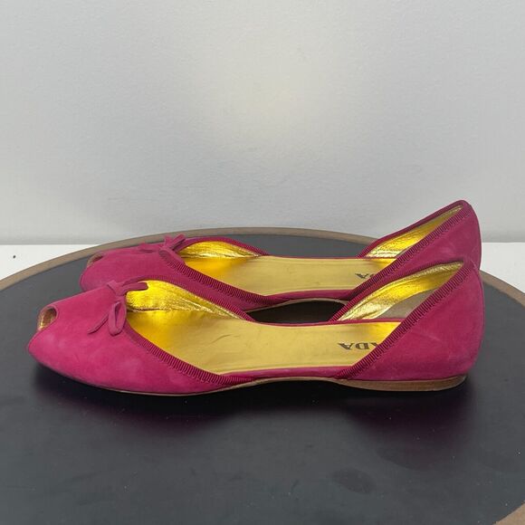 Prada Peep Toe Ballet Flats Women US 7.5 Pink Suede Bow Made in Italy 37.5 - Picture 5 of 11